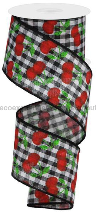 2.5"X10Yd Cherries On Gingham Check Black/White/Red/Green RGA164702 - DecoExchange