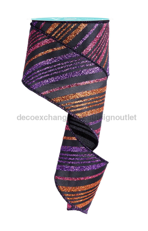 2.5’’X10Yd Diagonal Glitter Stripe Black/Prpl/Orng/Hot Pink RGF1431YR Ribbon
