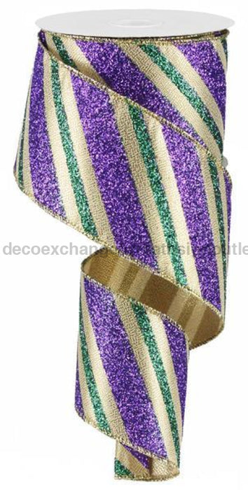 2.5"X10Yd Diagonal Glitter Stripe Mardi Gras RG01769WY - DecoExchange