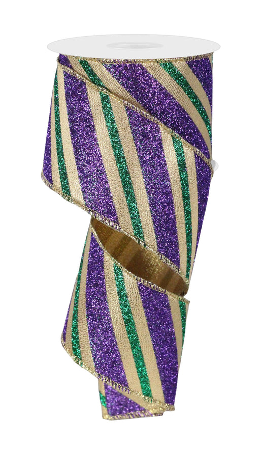2.5"X10Yd Diagonal Glitter Stripe Mardi Gras RG01769WY - DecoExchange