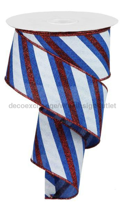 2.5"X10Yd Diagonal Glitter Stripe Royal Blue/Red/White RGA107625 - DecoExchange