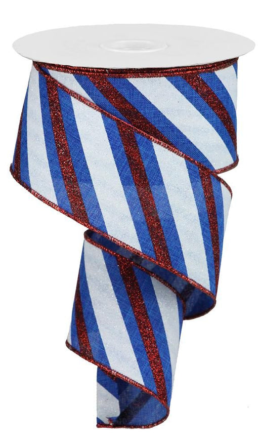 2.5"X10Yd Diagonal Glitter Stripe Royal Blue/Red/White RGA107625 - DecoExchange
