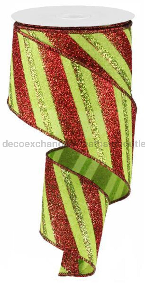 2.5"X10yd Diagonal Glitter Stripe/Royal Lime/Red RG01766T9 - DecoExchange