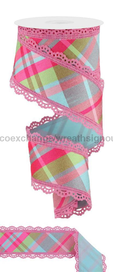 2.5’X10Yd Diagonal Plaid/Fused Back/Lace Lt Pnk/Rbn Egg/Grn/Ht Pnk Rgx005915 Ribbon