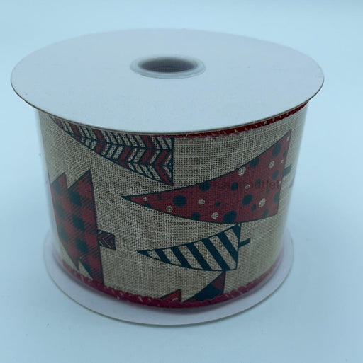 2.5"X10Yd Dk Nat Linen/Red-Blk Doodle Cmas Trees 72139-40-10 - DecoExchange