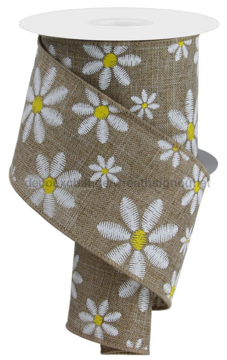 2.5’’X10Yd Faux Embroidery Mixed Daisy Lt Beige/White/Yellow Rge119201 Ribbon