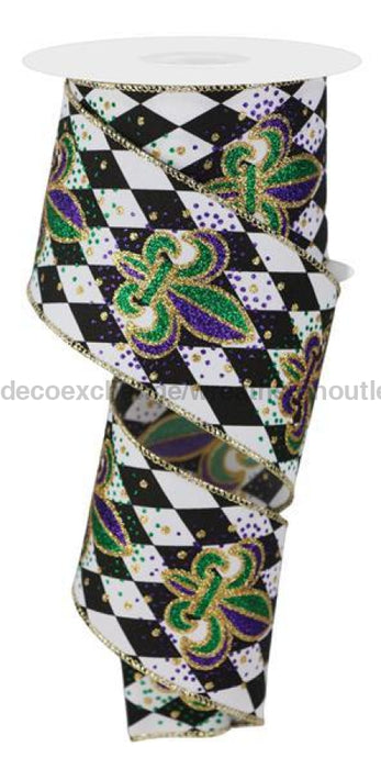 2.5X10Yd Fleur De Lis Harlequin Black/White/Mardi Gras Rge1703 Ribbon