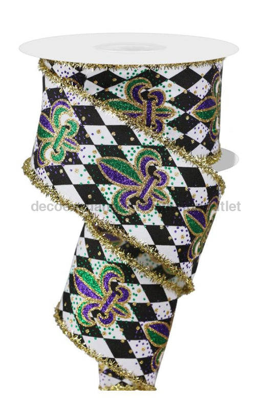 2.5’’X10Yd Fleur De Lis Harlequin/Tnsl Black/White/Mardi Gras Rgc8017 Ribbon