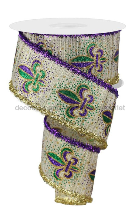 2.5’’X10Yd Fleur De Lis/Metallic/Tnsl Lt Gold/Mardi Gras Rgc8016 Ribbon