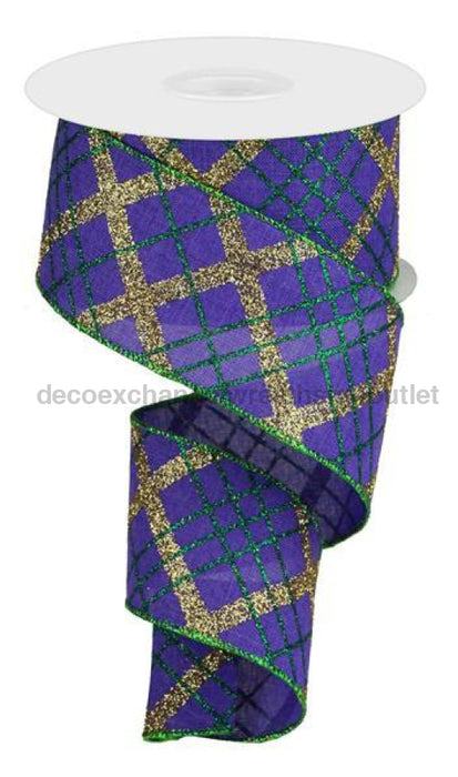 2.5"X10Yd Glitter Diagonal Plaid/Royal Purple/Gold/Emerald RGA122323 - DecoExchange