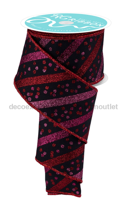 2.5’’X10Yd Glitter Stripe W/Confetti Dots Blk/Red/Lt Pink/Hot Pink RGF1993CM ribbon