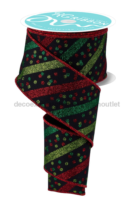 2.5’’X10Yd Glitter Stripe W/Confetti Dots Black/Red/Lime/Emerald RGF1993WJ ribbon