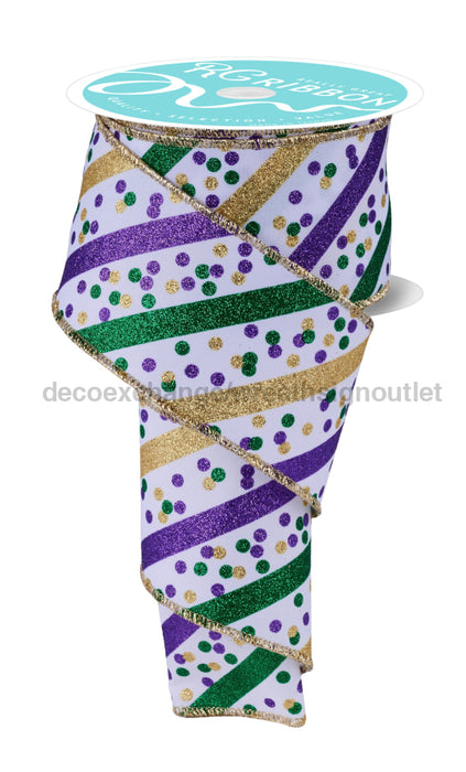 2.5’’X10Yd Glitter Stripe W/Confetti Dots White/Mardi Gras RGF1993C6 ribbon