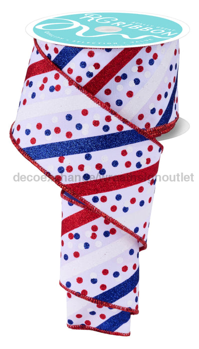 2.5’’X10Yd Glitter Stripe W/Confetti Dots White/Red/Royal Blue RGF199627 ribbon