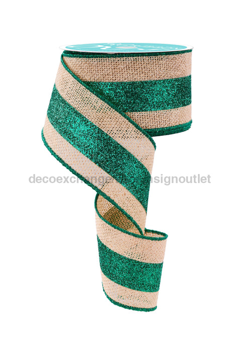 2.5"X10Yd 2-In-1 Burlap/Glitter Stripe Natural/Emerald Green RGC827406 - DecoExchange