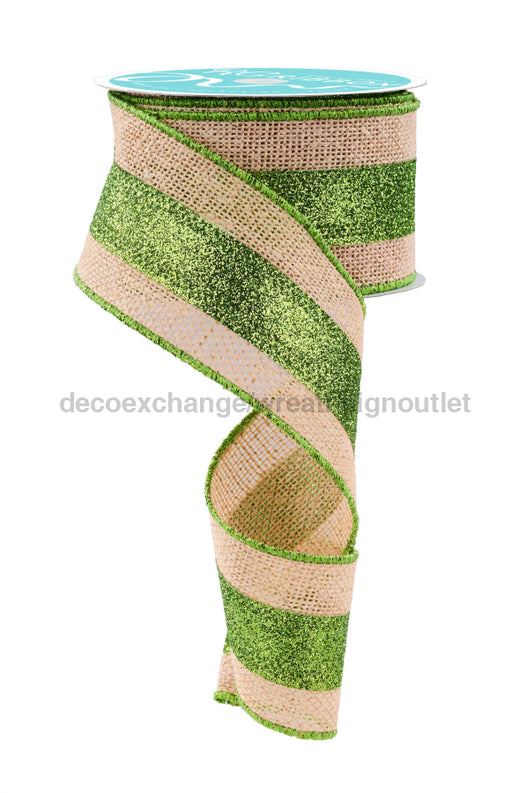 2.5"X10Yd 2-In-1 Burlap/Glitter Stripe Natural/Lime Green RGC827433 - DecoExchange
