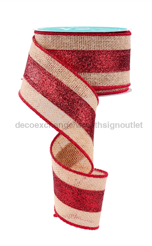 2.5’’X10Yd 2-In-1 Burlap/Glitter Stripe Natural/Red RGC827424 Ribbon
