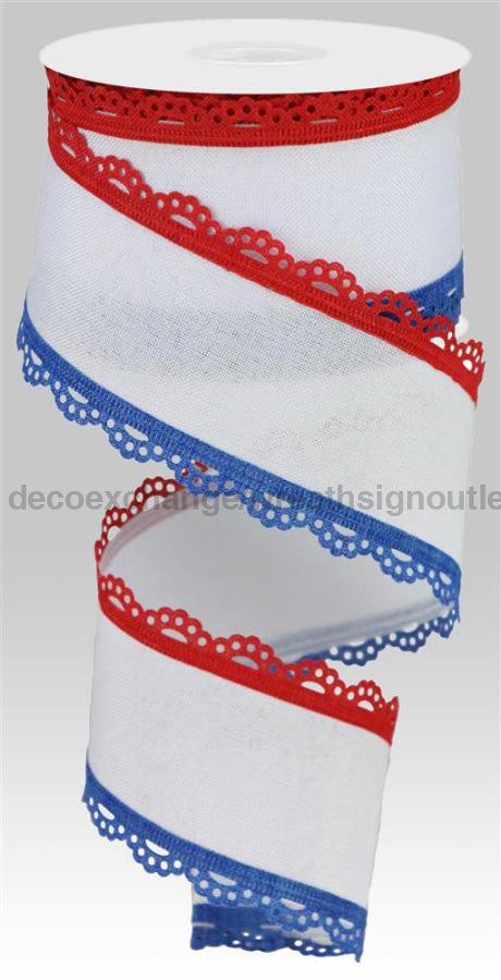 2.5’’X10Yd Lace Edge Faux Burlap Red/White/Blue RGA1542A1 ribbon
