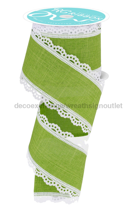 2.5’X10Yd Lace Edge Royal Burlap White/Lime Green Rga154209 Ribbon