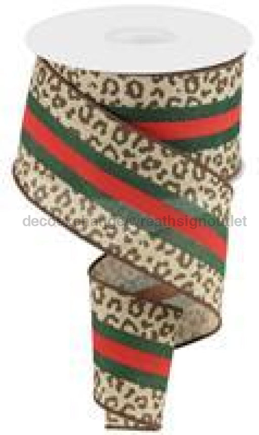 2.5"X10Yd Leopard/Ctr Stripes/Royal Beige/Red/Emerald/Brown RGC185601 - DecoExchange
