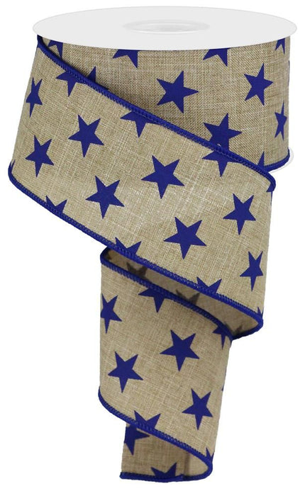 2.5"X10YD Lt Beige/Navy Blue STARS ON ROYAL RGA111601 - DecoExchange