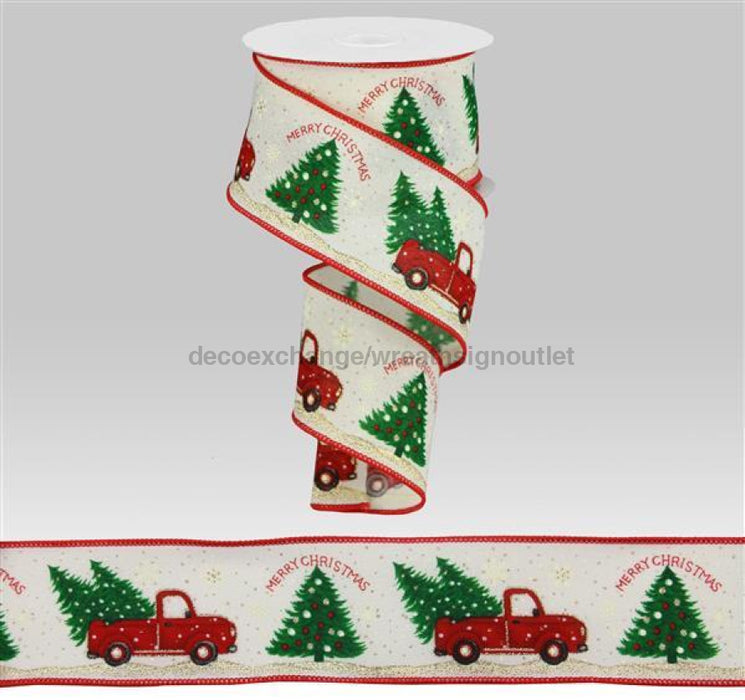 2.5"X10Yd Merry Christmas Truck With Trees Ivory RGC118033 - DecoExchange