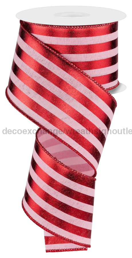 2.5’X10Yd Metallic Vertical Stripes Pale Pink/Red Rge143215 Ribbon