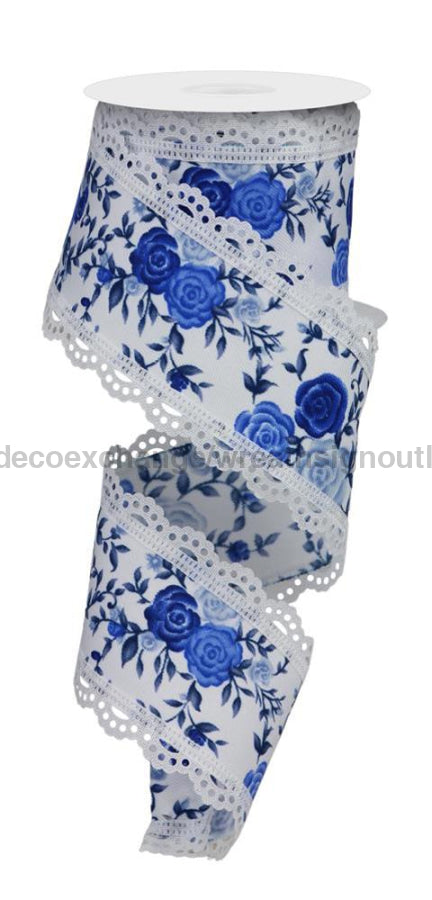 2.5’’X10Yd Mini Roses/Lace White/Multi Blue RGA8592RW Ribbon
