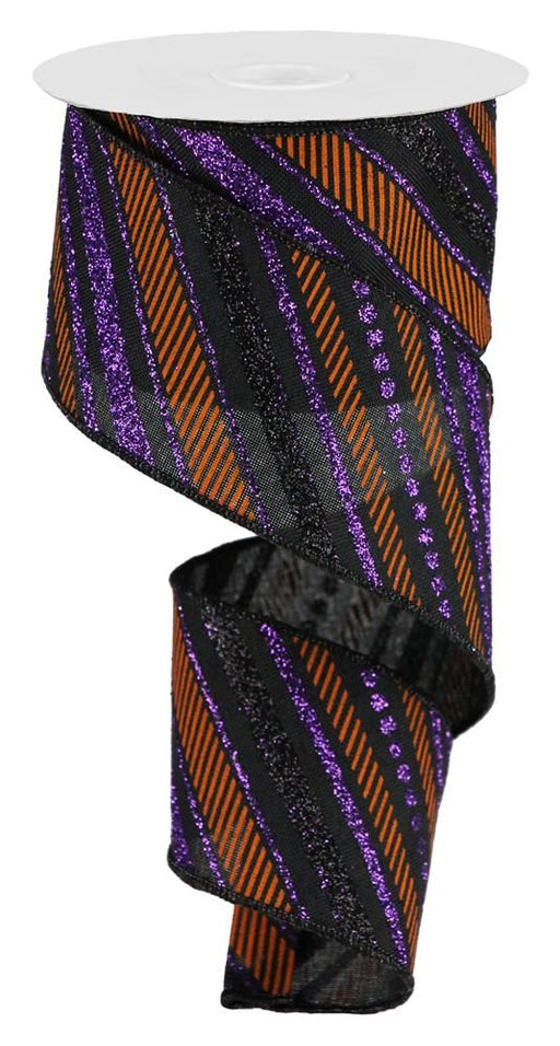 2.5"X10Yd Multi Diagonal Stripes/Royal Black/Purple/Orange RGB1302YR - DecoExchange