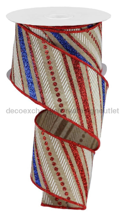 2.5’’X10Yd Multi Diagonal Stripes/Royal Lt Beige/Red/Blue/White RGB1302A1 Ribbon