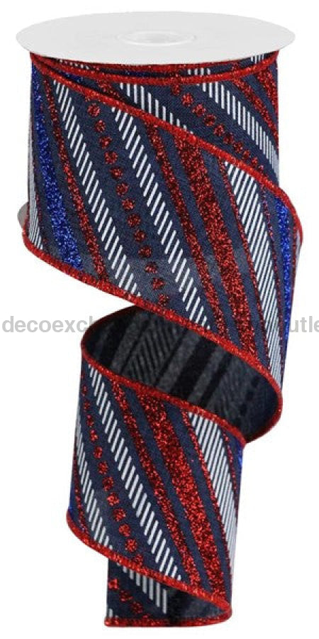 2.5"X10yd Multi Diagonal Stripes/Royal RGB130219 Navy Blue/Red/Blue/White - DecoExchange