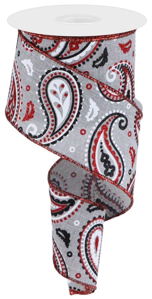 2.5"X10Yd Paisley On Royal Light Grey/White/Red/Black RGC138210 - DecoExchange