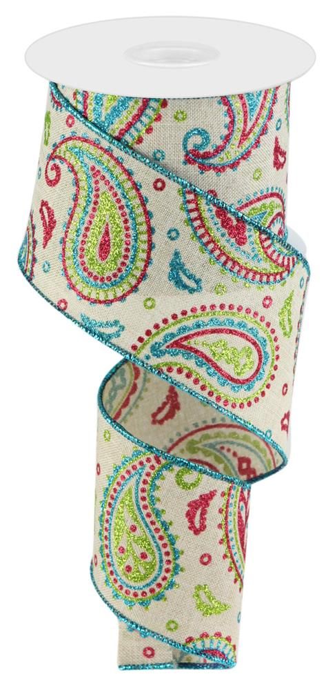 2.5"X10Yd Paisley On Royal Light Natural/Lime/Hot Pink/Turquoise RGC13761R - DecoExchange