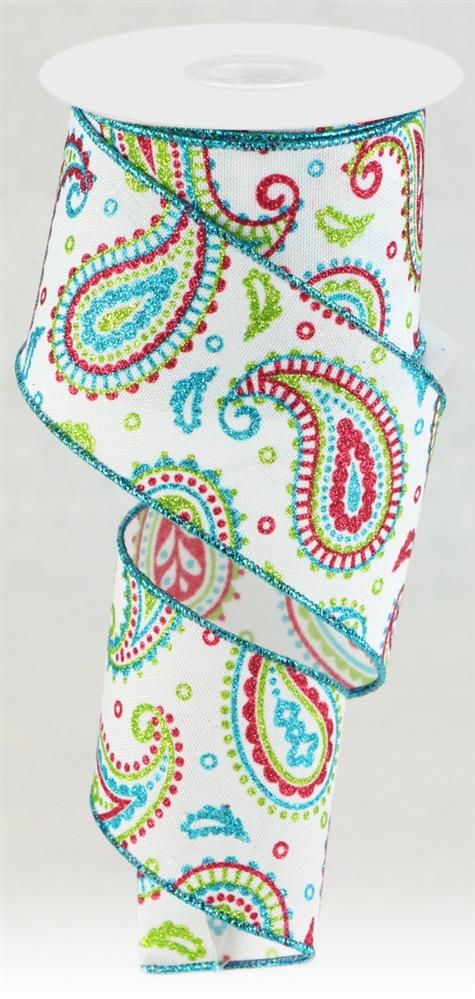 2.5"X10Yd Paisley On Royal White/Lime/Hot Pink/Turquoise RGC1376RT - DecoExchange