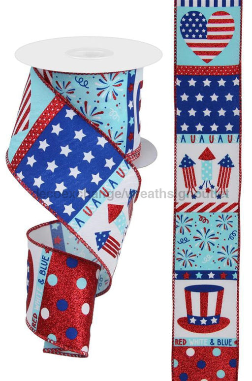 2.5’’X10Yd Patriotic Blocks/Diagonal White/Red/Blue RGE1086 Ribbon