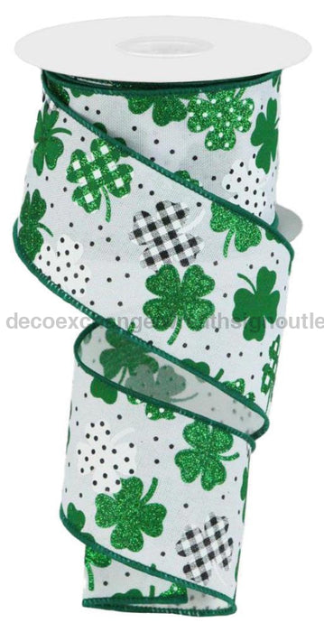 2.5’’X10Yd Patterned Shamrocks Wht/Grn/Emrld/Wht/Blk Rgc187727 Ribbon