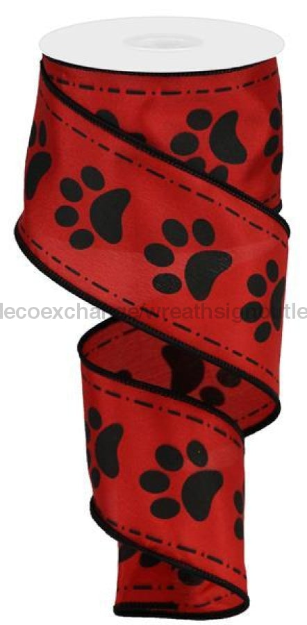 2.5"X10Yd Paw Prints On Satin Red/Black RGA132324 - DecoExchange
