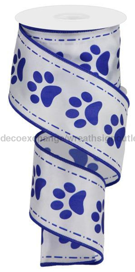 2.5"X10Yd Paw Prints On Satin White/Royal Blue RGA132327 - DecoExchange