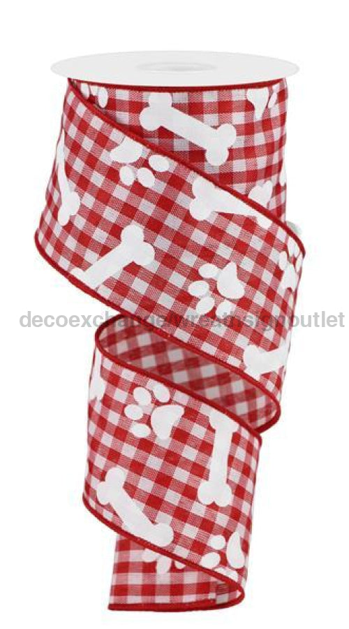 2.5"X10Yd Pawprints And Bones On Gingham Red/White RGE187024 - DecoExchange