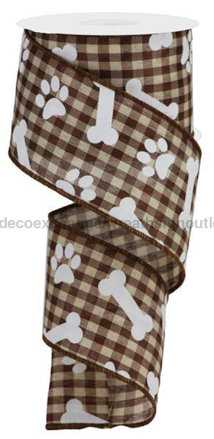 2.5"X10Yd Pawprints/Bones Gingham Check Brown/White RGA189604 - DecoExchange