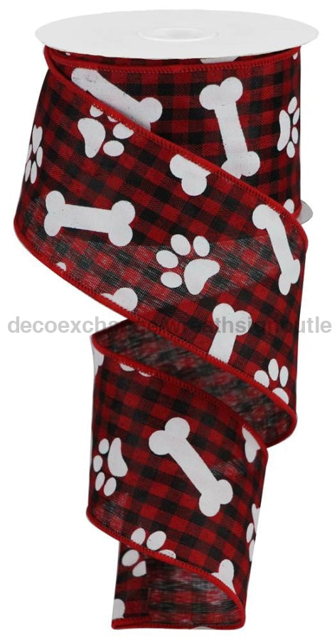 2.5"X10Yd Pawprints/Bones Gingham Check Red/Black/White RGA1896MA - DecoExchange