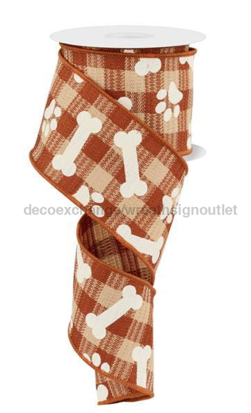 2.5"X10Yd Pawprints/Bones On Woven Check Cream/Rust/Tan RGF101358 - DecoExchange