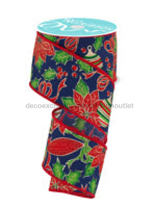 2.5"X10Yd Poinsettia/Ornaments Navy Blue/Multi RGF134019 - DecoExchange®