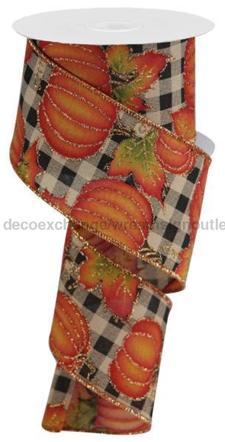 2.5"X10Yd Pumpkin/Leaves On Check Beige/Orange/Yellow/Green RGA195201 - DecoExchange