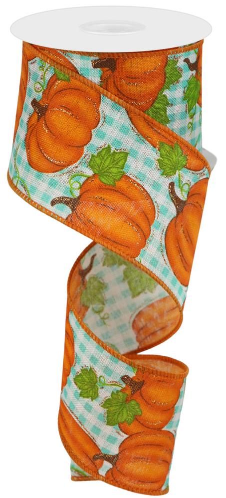 2.5"X10Yd Pumpkin Patch/Check Ivory/Orange/Moss/Turquoise RGA14804H - DecoExchange