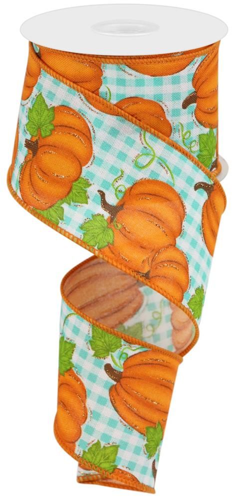 2.5"X10Yd Pumpkin Patch/Check White/Orange/Moss/Turquoise RGA14803T - DecoExchange