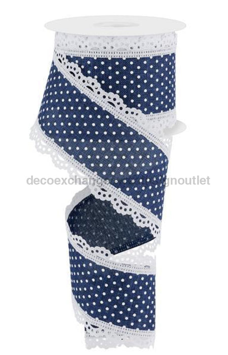 2.5’X10Yd Raised Swiss Dots W/Lace Navy Blue/White Rg0887019 Ribbon