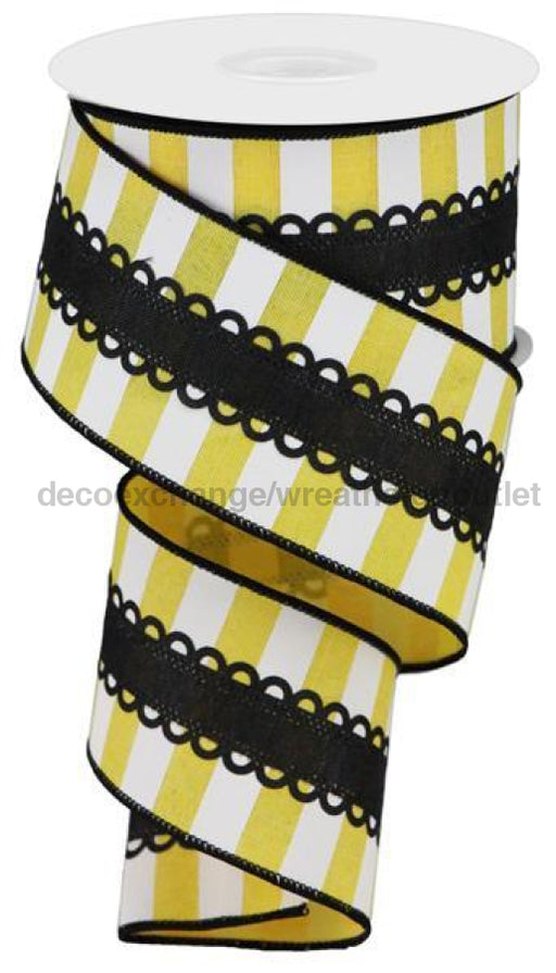 2.5"X10Yd Royal Lace/Horizontal Stripe Yellow/White RG0809157 - DecoExchange