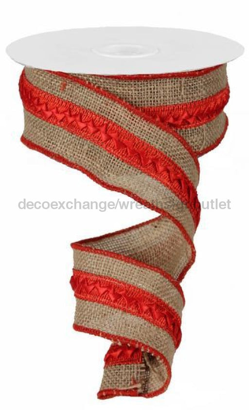 2.5"X10YD SATIN BRAID/BURLAP NATURAL/RED RN46525N - DecoExchange