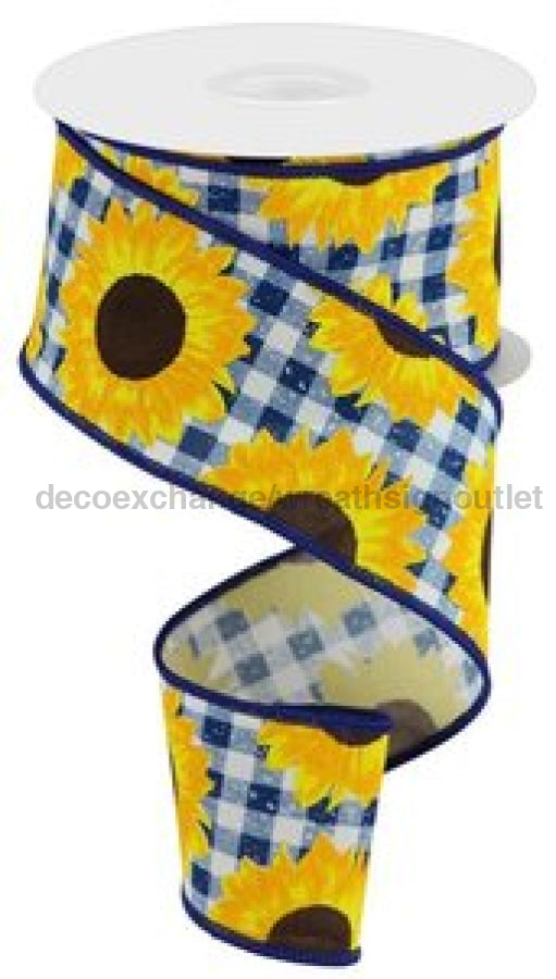 2.5’X10Yd Sunflower On Faux Royal Dk Blue/Yellow/Org/Brown Rgc171203 Ribbon